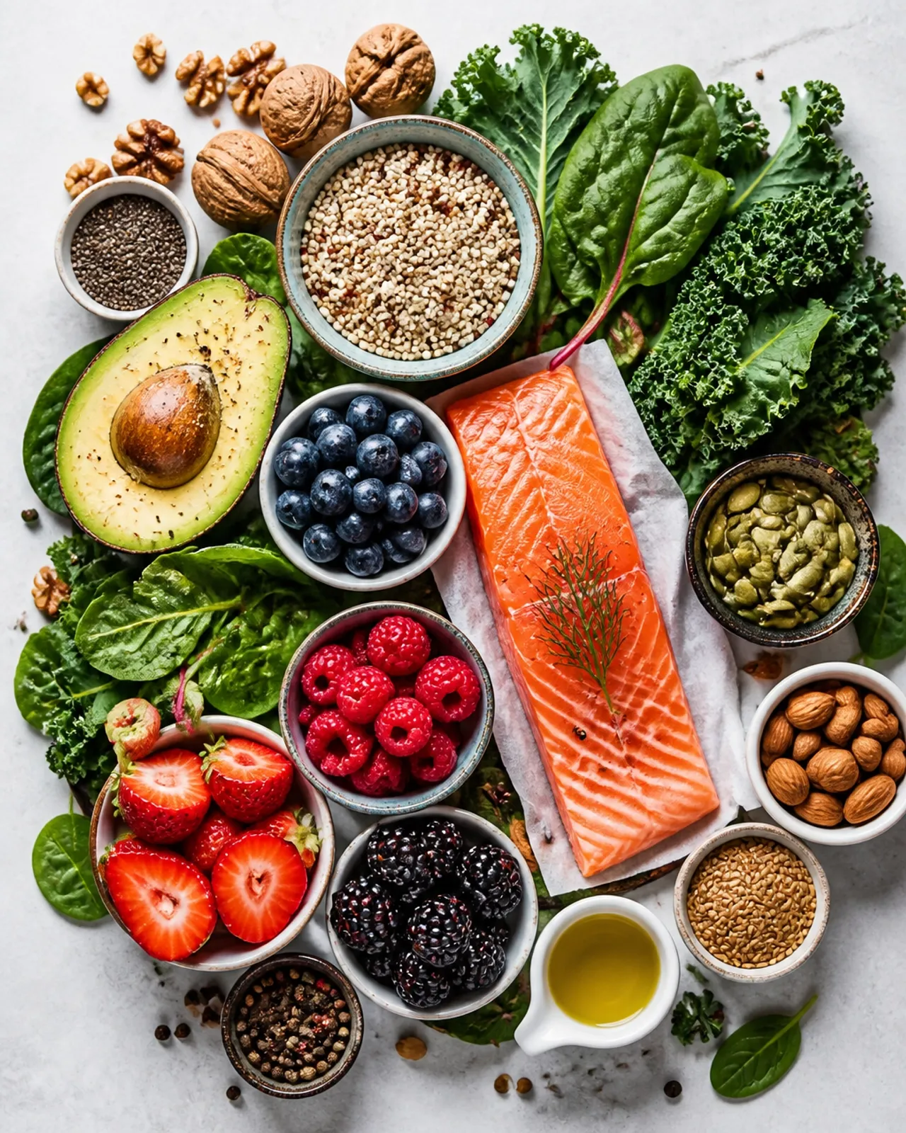 Anti-inflammatory whole foods including salmon, avocado, leafy greens, berries, nuts, and seeds