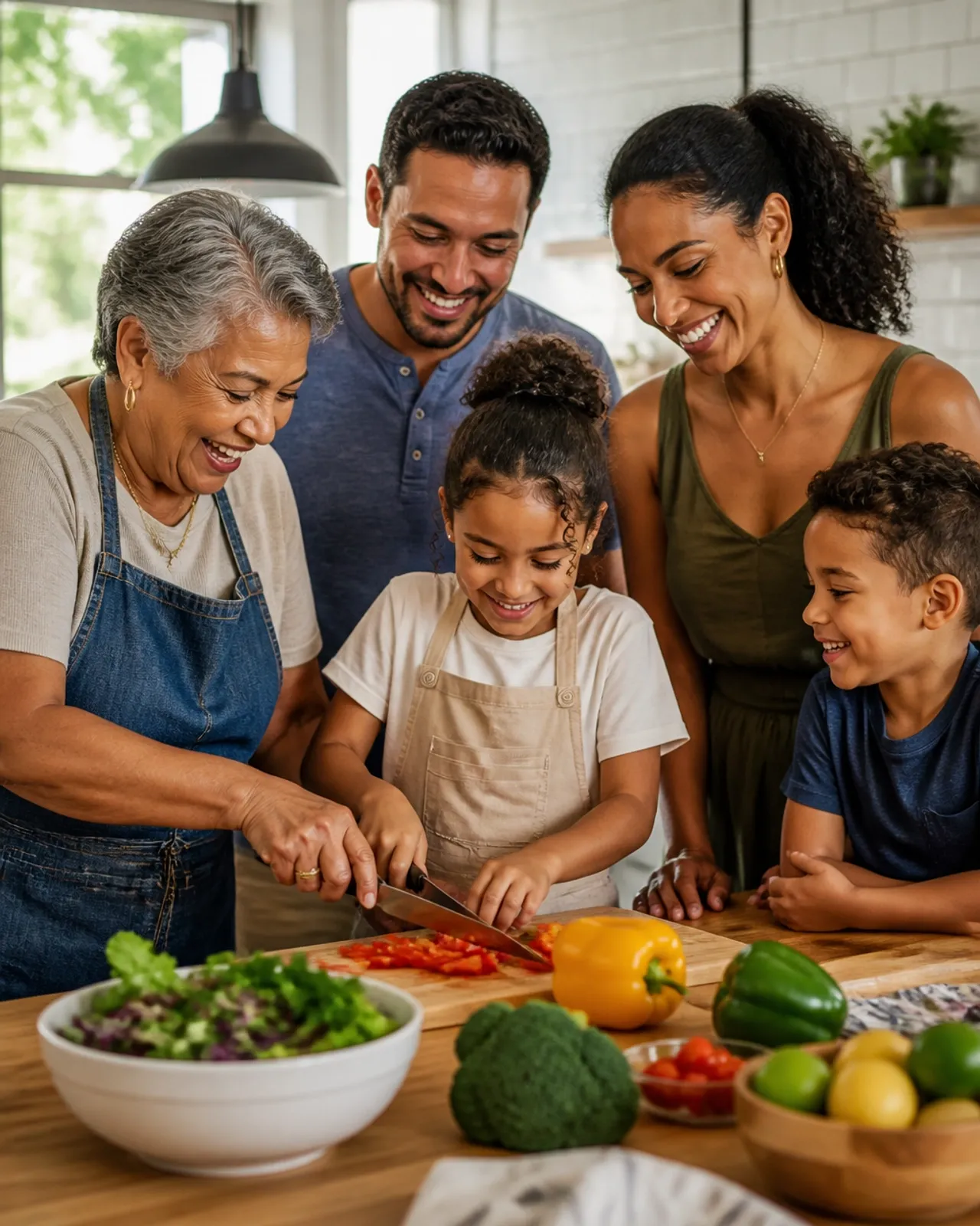 A multigenerational family preparing a healthy meal together in the kitchen